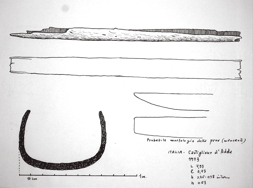 Italia - Castiglione d'Adda, 1973 - probabile morfologia della prua (mancante) - L 7,93  l 0,73  h 0,45 -0,48 interno  h 0,53