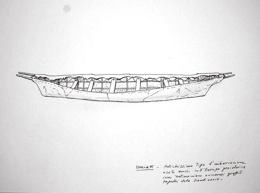 Umiak - antichissimo tipo d'imbarcazione usato anche nell'Europa preistorica come testimoniano numerosi graffiti rupestri della Scandinavia