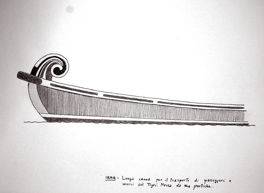 Iraq - lunga canoa per il trasporto di passeggeri e merci sul Tigri. Mossa da pertiche.