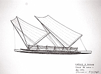  Isole Wallis e Futuna - canoa da corsa a due vele. Otto uomini d'equipaggio