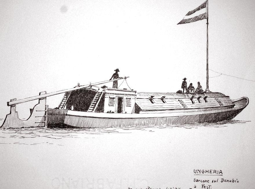 Ungheria - barcone sul Danubio a Pest, da una stampa dell'Ottocento