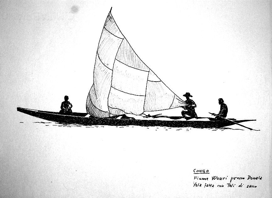 Congo - Fiume Wouri presso Douala. Vela fatta con teli di sacco