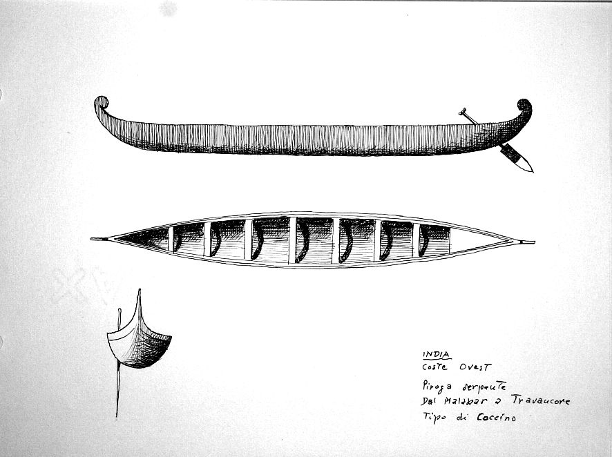India - coste dell'Ovest - piroga serpente. Dal Malabar a Travancore. Tipo di coccino