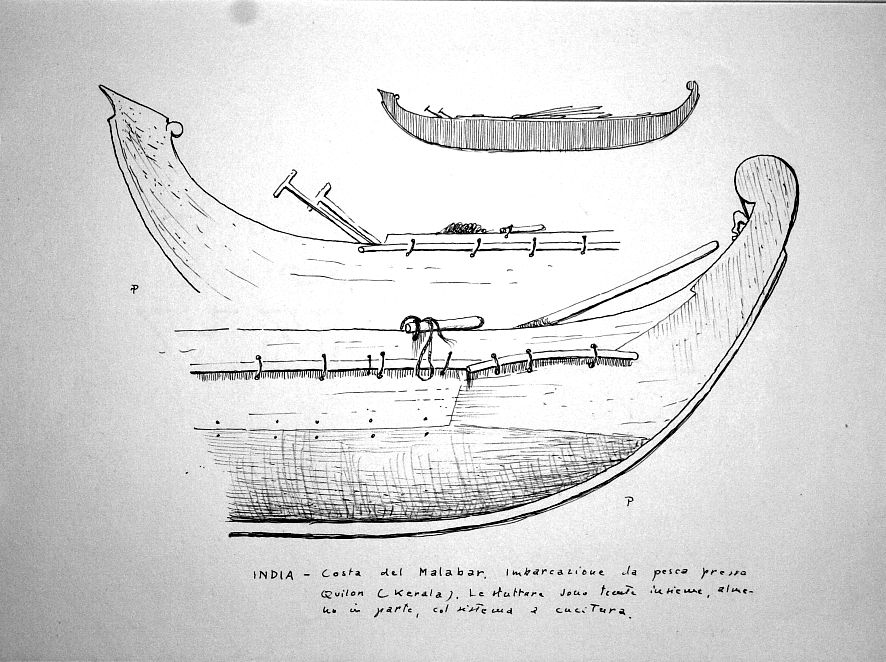 India - Costa del Malabar. Imbarcazione da pesca presso Quilon (Kerala). Le strutture sono tenute insieme, almeno in parte, col sistema a cucitura