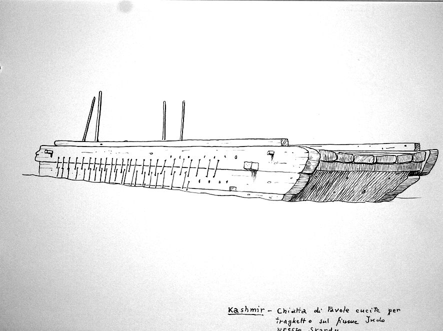 Kashmir - chiatta di tavole cucite per traghetto sul fiume Indo presso Skardu