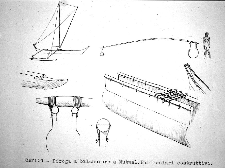 Ceylon - piroga a bilanciere a Mutwal. Particolari costruttivi