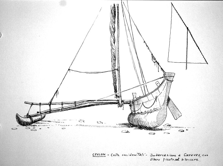 Ceylon - coste occidentali - imbarcazione a Caravas, con albero fissato sul bilanciere