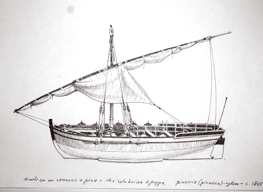 Pinaccia (pinnace) inglese, circa 1805, armata con un cannone a prua e due colubrine a poppa