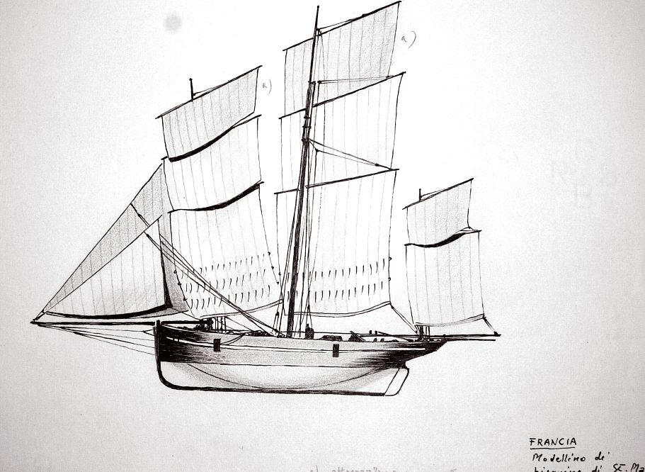 Francia - modellino di Bisquine di St. Malo - a) attrezzature per regata