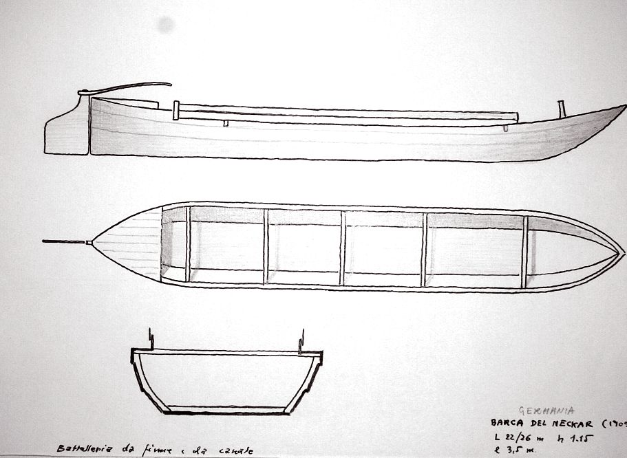 Germania - barca del Neckar (1909). Battelleria da fiume e da canale. L 22/26 m   h 1,15 m   l 3,5 m