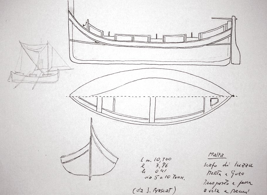 Malta - scafo di luzzu - trasporto e pesca a vela e remi (da J. Muscat)  L 10,90 m  l 3,86 m  h 0,41 m  da 5 a 10 tonn.