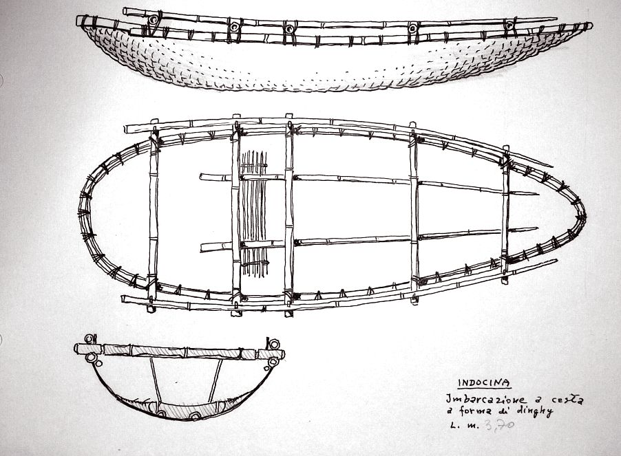 Indocina - imbarcazione a cesta a forma di dinghy. L m 3,70