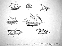  Da trattatello manoscritto del 1700 (Vienna)

1 - Trabacolo, 2 - Brazera, 3 - Tartanone, 4 - Feluca, 5 - Pinco, 6 - Mategan, 7 - Tartana