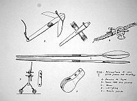  Cina - piccola giunca dello Shantung (tav. 5)  A-ancora di legno  B-fermo della sua gomena  C-remi  D-cavigliera  E-bozzello grande