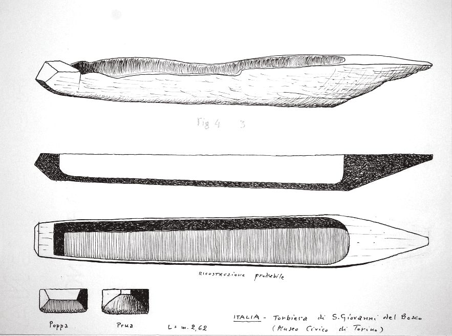 Italia - torbiera di San Giovanni del Bosco (Museo Civico di Torino) - ricostruzione probabile - poppa - prua - L 2,62