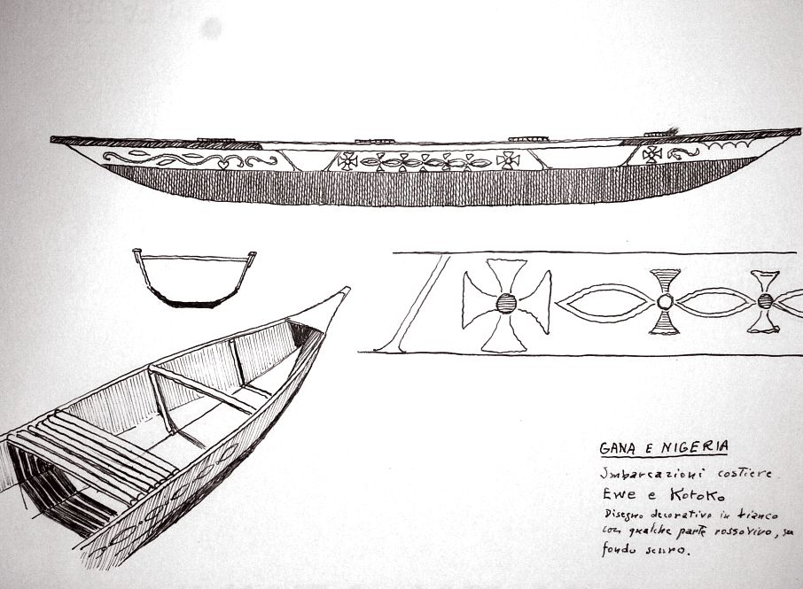 Ghana e Nigeria - imbarcazioni costiere Ewe e Kotoko. Disegno decorativo in bianco con qualche parte rosso vivo, su fondo scuro