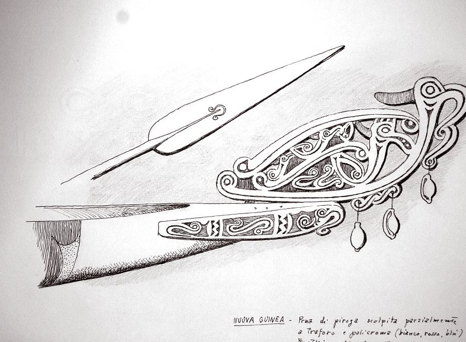 Nuova Guinea - prua di piroga scolpita parzialmente a traforo e policroma (bianco, rosso, blu). Ripetizione di un motivo rituale d'uccello sacro