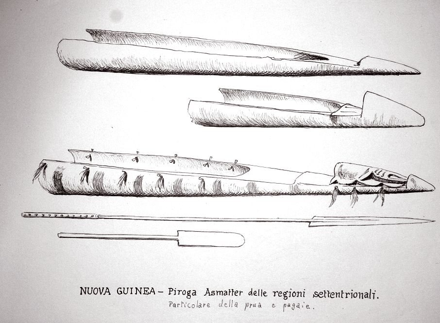 Nuova Guinea - piroga Asmatter delle regioni settentrionali - particolare della prua e pagaie