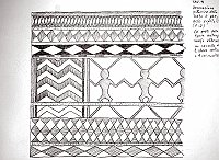  Decorazione pittorica dello scafo a pannelli ripetuti (7-8) (al posto delle figure antropomorfe alternato un cancello di 2 forme verticali e 1 orizzontale)