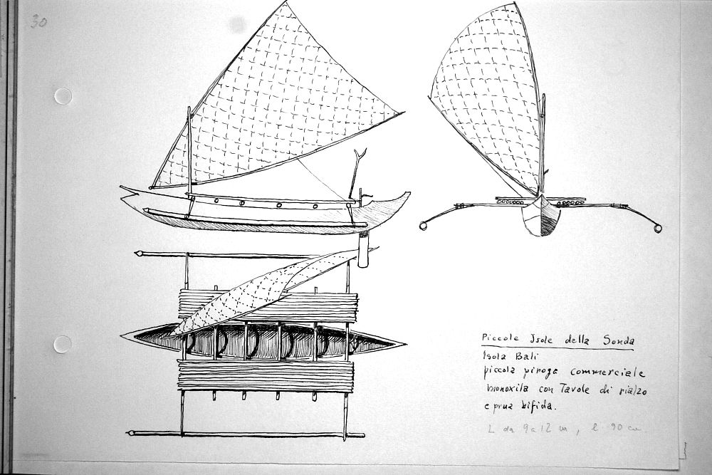 Piccole Isole della Sonda - Isola di Bali - piccola piroga commerciale monoxila con tavole di rialzo e prua bifida. L da 9 a 12 m , larga 90 cm