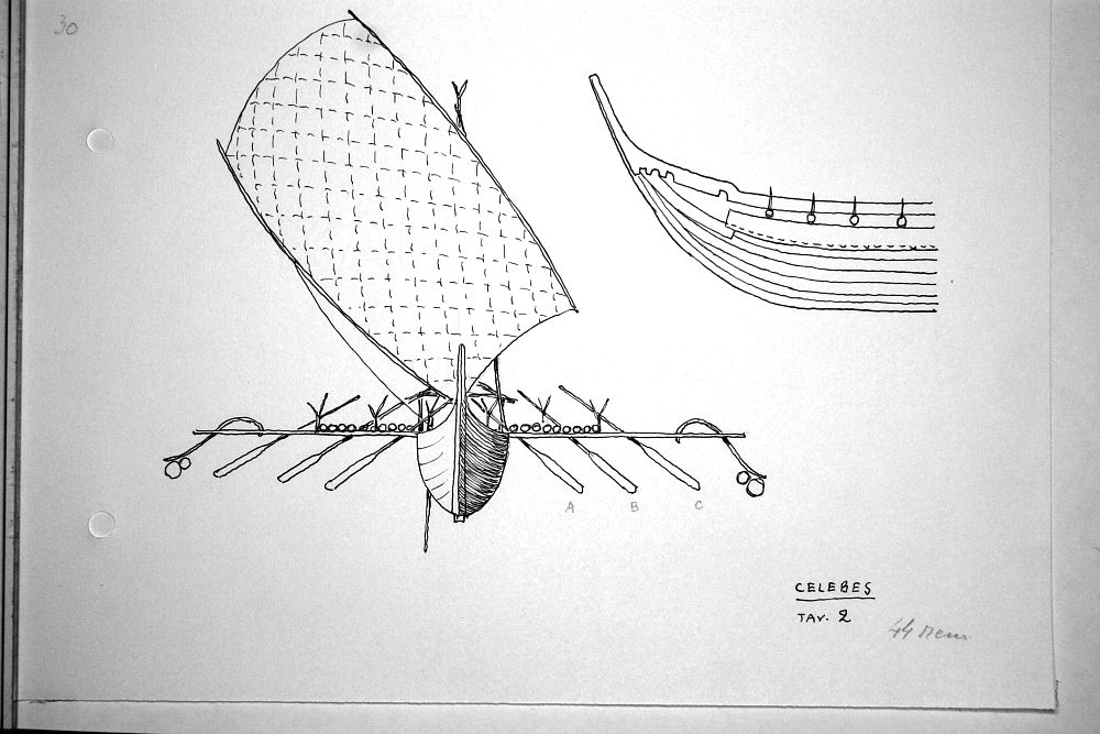Celebes - Penisola di Minahasa - menado - schema di grande piroga da carico a tre ordini di remi e vela - tav.2