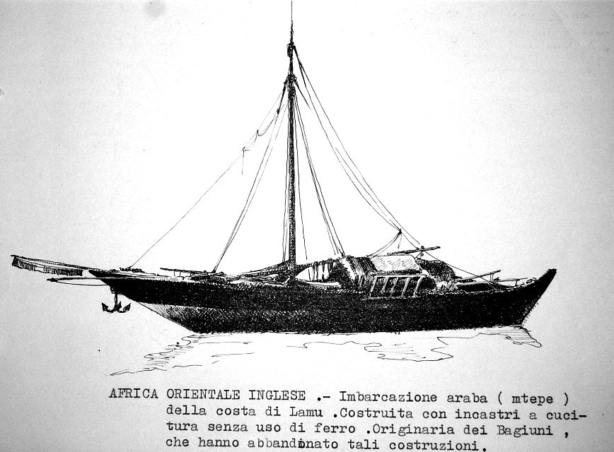 Africa orientale inglese - imbarcazione araba (mtepe) della costa di lamu. Costruita con incastri a cucitura senza uso di ferro. Originaria dei Bagiuni, che hanno abbandonato tali costruzioni
