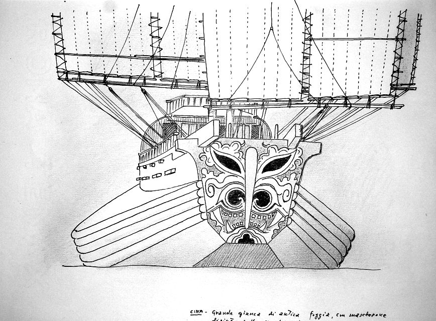 Cina - grande giunca fi antica foggia, con mascherone dipinto sullo specchio di prua