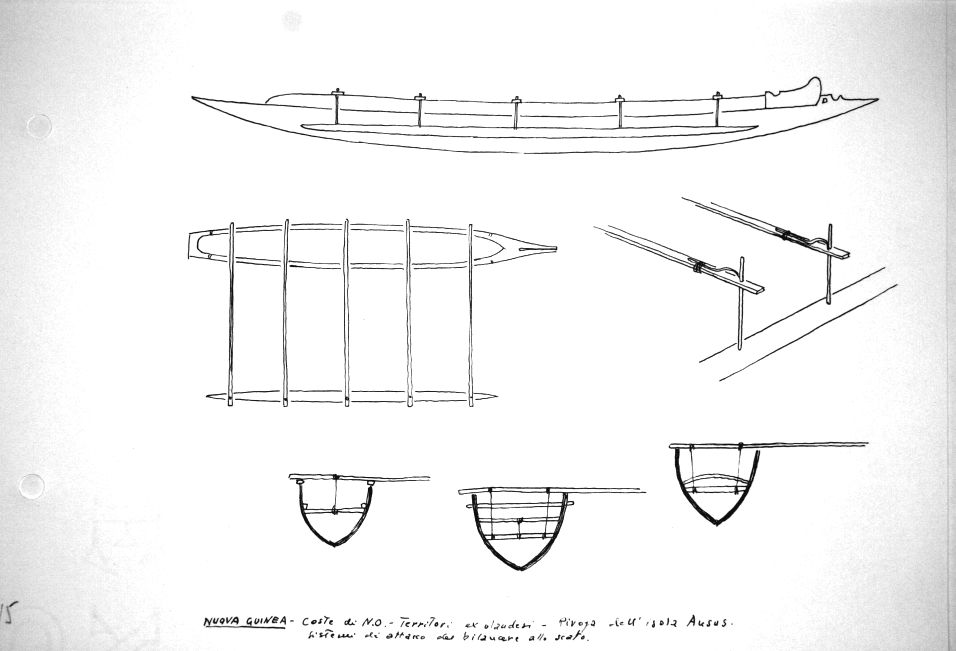 Nuova Guinea - coste di Nord-Ovest - Territori ex olandesi - piroga dell'Isola Ausus, sistemi di attacco del bilanciere allo scafo