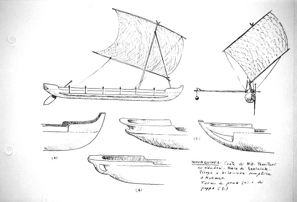 Nuova Guinea - coste di Nord-Ovest - territori ex olandesi  - baia di Geelvink - piroga a bilanciere semplice a Mokmer. Forme di prua e poppa