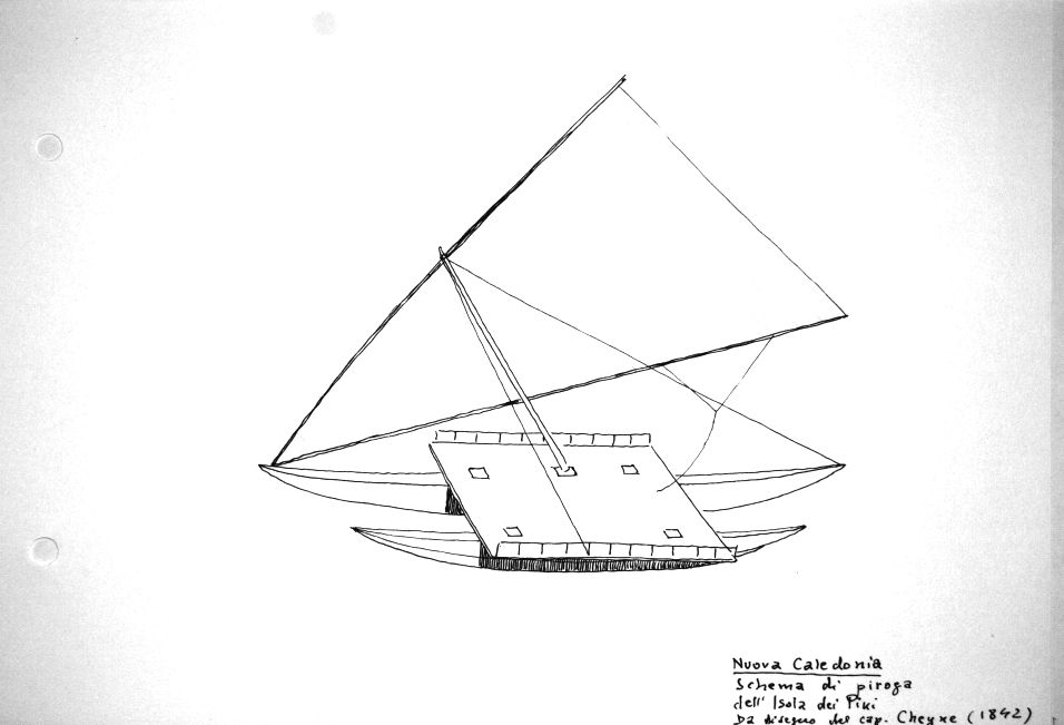 Nuova Caledonia - schema di piroga dell'Isola dei Pini, d aun disegno del cap. Cheyne (1842)