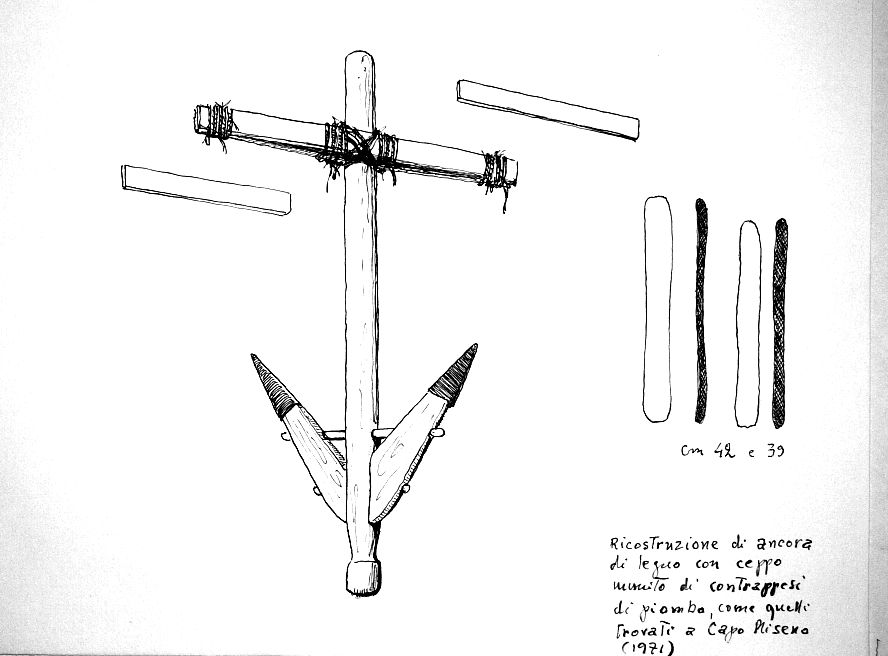 Ricostruzione di ancora di legno con ceppo munito di contrappesi di piombo, come quelli ritrovati a Capo Miseno (1971)