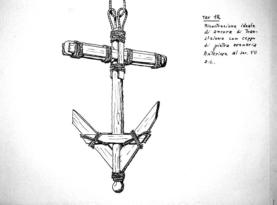 Ricostruzione ideale di ancora di transizione con ceppo di pietra arenaria. Anteriore al sec. VII a.C.