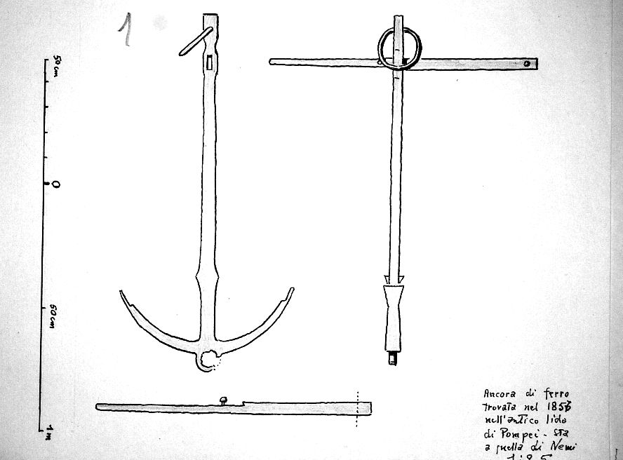 Ancora di ferro trovata nel 1857 nell'antico lido di Pompei. Sta a quella di Nemi nel rapporto 1:2,5