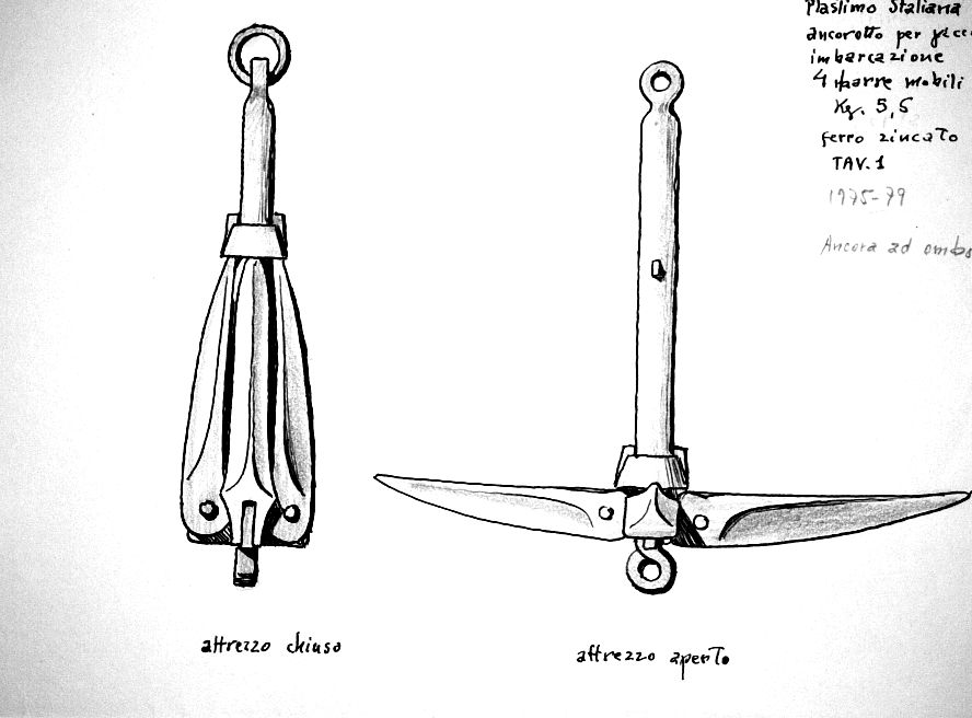 Plastimo Italiana - ancorotto per piccole imbarcazioni a 4 barre mobili in ferro zincato, 1975-79, 5,6 Kg