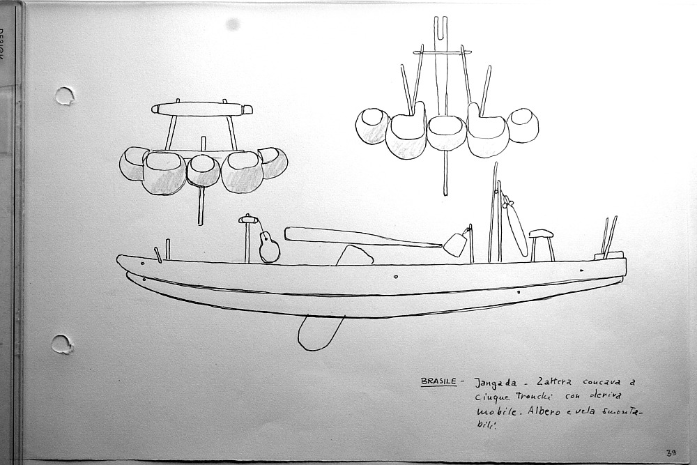 Brasile - jangada - zattera concava a 5 tronchi con deriva mobile. Albero e vela smontabili