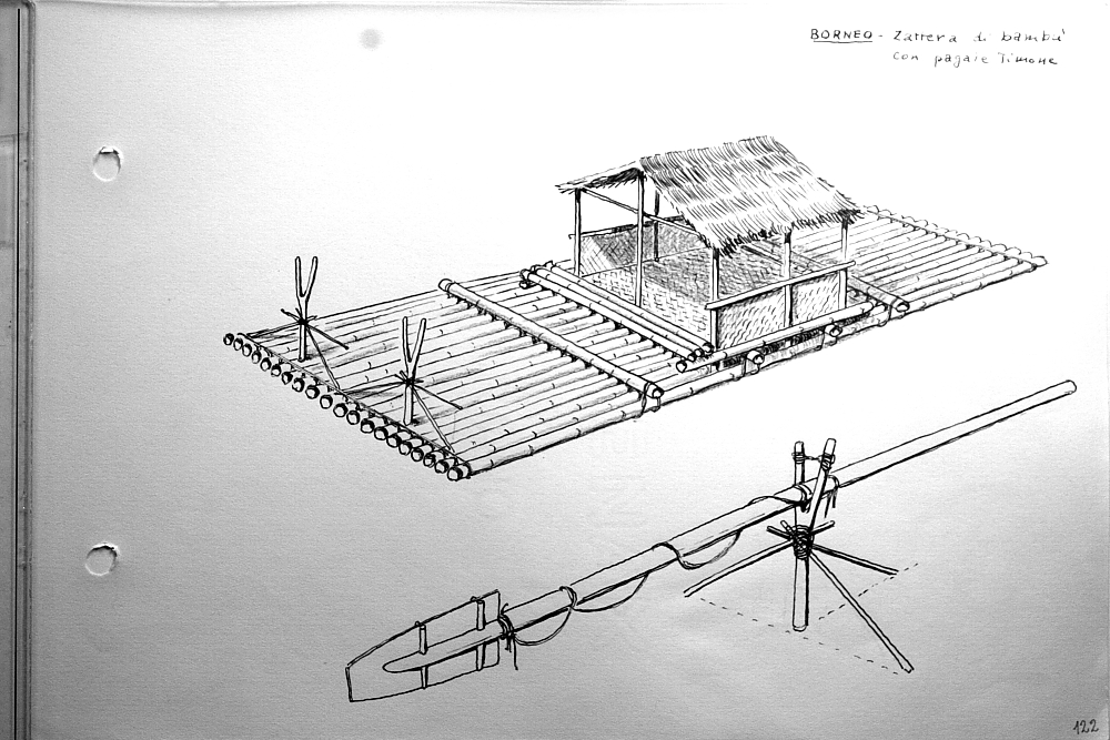 Borneo - zattera di bambu' con pagaie timone